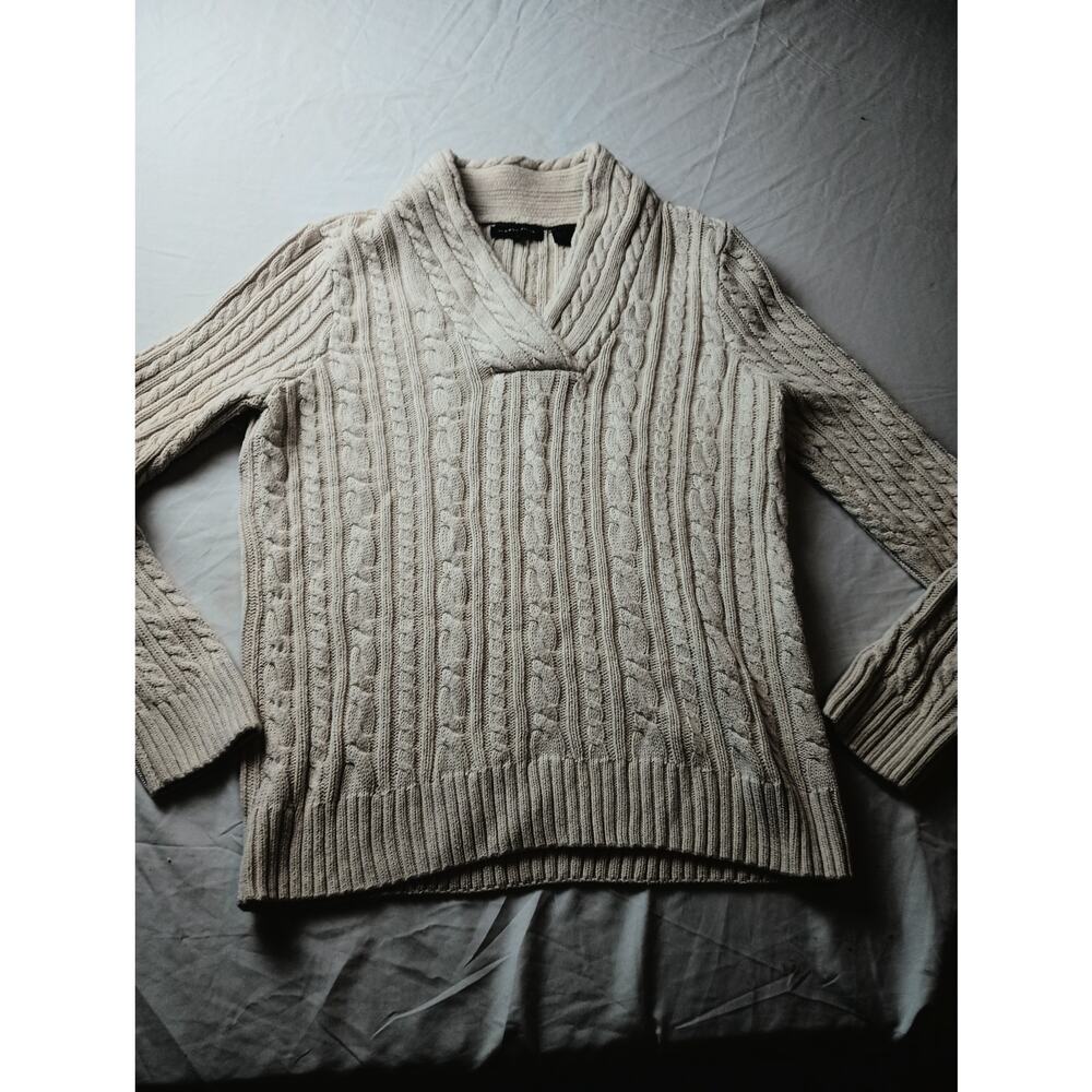 Jeanne Pierre Cotton Cable Knit Tan Sweater V-Neck Pull over Women‎ size Medium